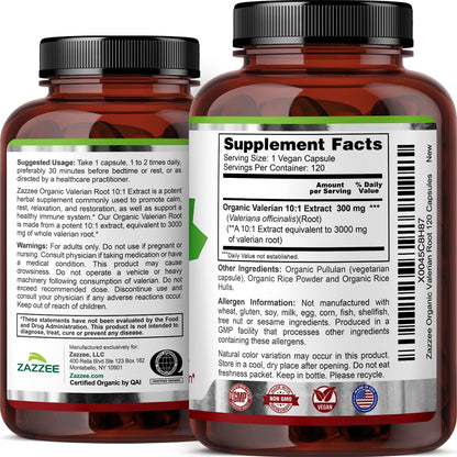 Zazzee USDA Organic Valerian Root 10:1 Extract, 120 Vegan Capsules | 4 Month Supply, Relaxation, Calm & Mood Support, Valeriana Officinalis, All-Natural, Non-GMO, Made in the USA Gsupps Australia