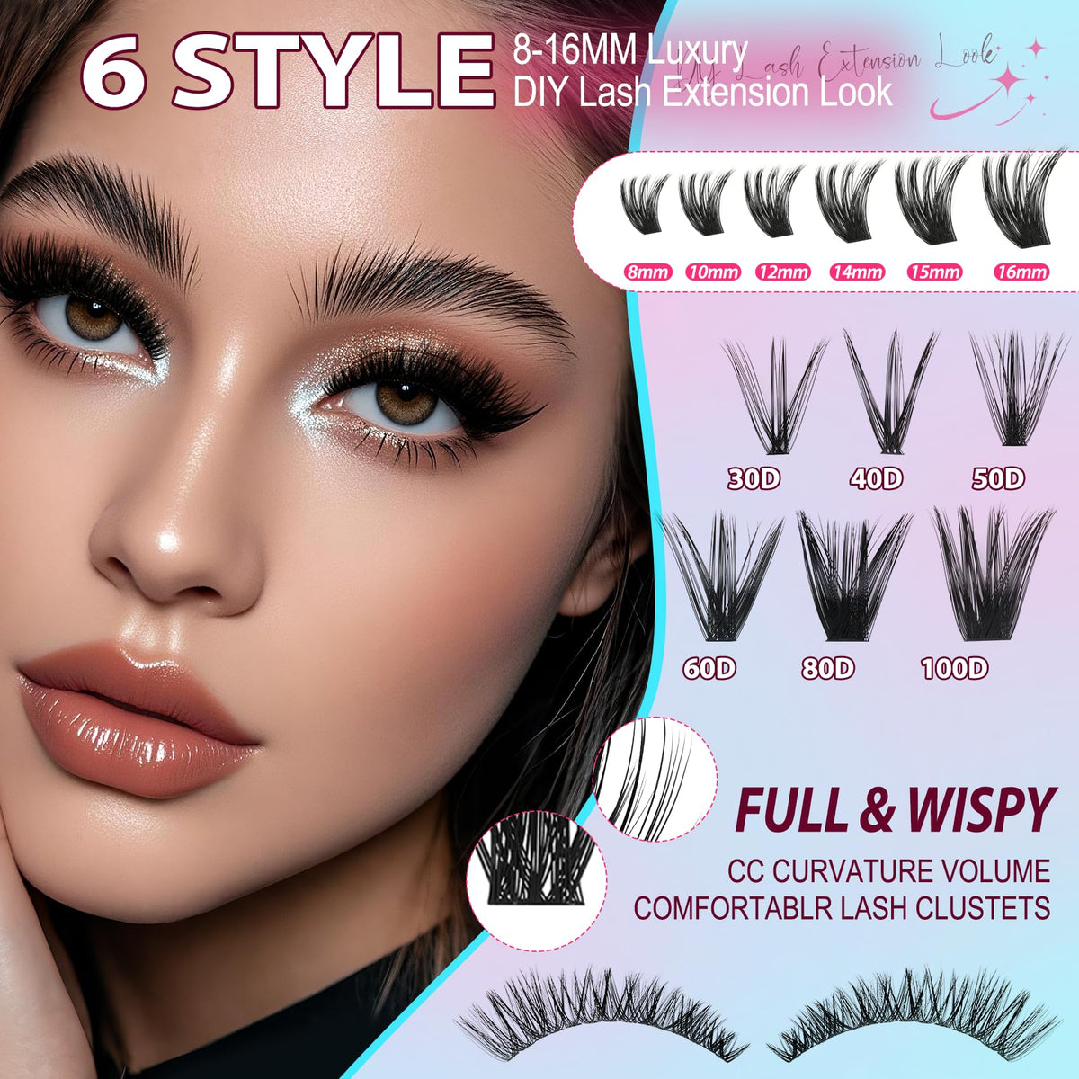 Lash Clusters Kit 708Pcs Individual Cluster Lash Extensions Kit 30D+40D+50D+60D+80D+100D Wispy Eyelash Clusters with Lash Bond and Seal and Tweezers 10-16mm 6 Styles Mix Lashes Clusters Kit Mamzy Luxe