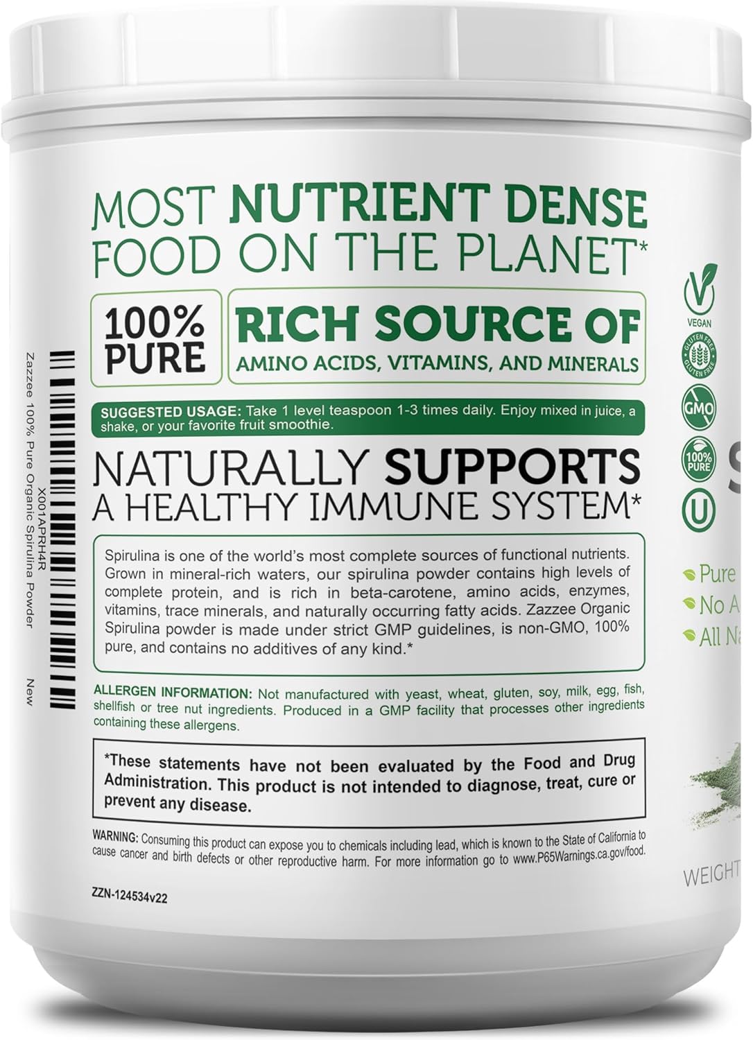 Zazzee USDA Organic Spirulina Powder, 2.2 Pounds (1 KG), 303 Servings | Certified Kosher, 100% Pure, Non-Irradiated, Mess-Free Wide Mouth Container, Fresh Smell, Neutral Taste, Non-GMO, Made in USA Gsupps Australia