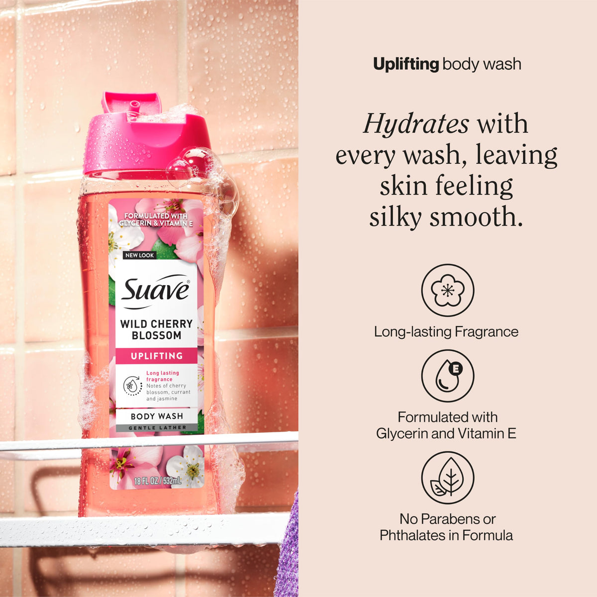 Suave Moisturizing Body Wash, with Wild Cherry Blossom and Vitamin E Extract, No Parabens, No Phtahaltes, 18 Oz Pack of 6 Suave