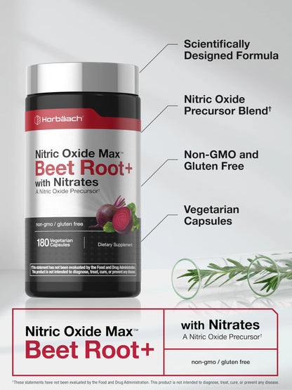 Horbäach Nitric Oxide Beet Root Capsules | 180 Count | with Nitrates and Precursor | for Men and Women | Vegetarian, Non-GMO Horbäach