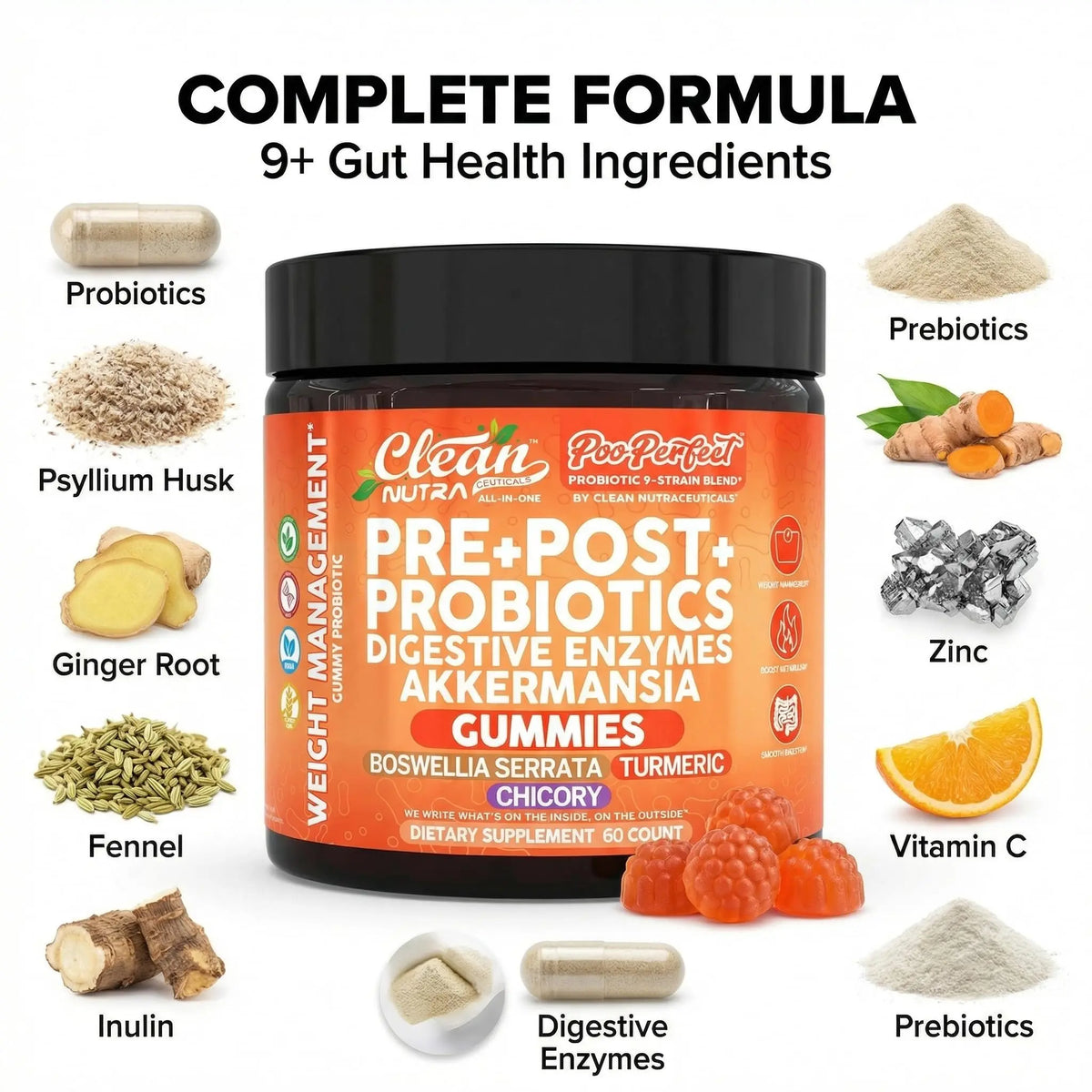 Clean Nutra Prebiotic Postbiotic Digestive Enzymes Gummies with Chicory Root, Boswellia Serrata, Turmeric, and Akkermansia | Pre+Post Probiotics Supplement Clean Nutraceuticals