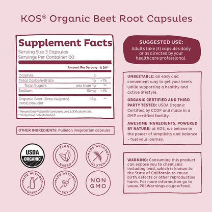 KOS Organic Beetroot Capsules 1500mg - USDA Organic, Antioxidant Power from Organic Beet Root Superfood, Supports Healthy & Active Lifestyle - Non-GMO, KOS