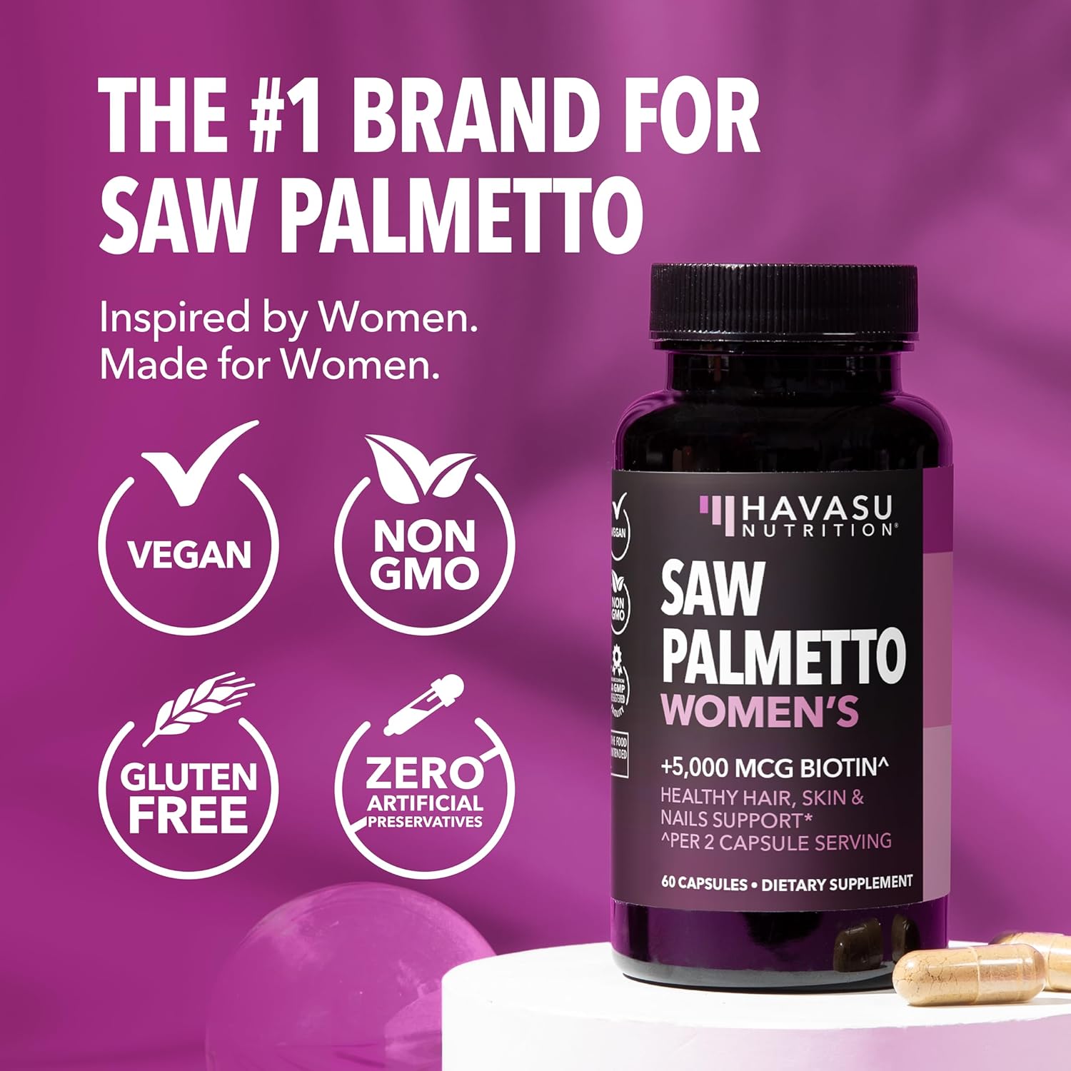 Saw Palmetto for Women with Bitoin 5000mcg Per Serving, 30-Day Supply | Vegan, Non-GMO DHT Blocker for Women for Hair, Skin and Nails, Saw Palmetto Extract with Biotin for Thicker Looking Hair Gsupps Australia