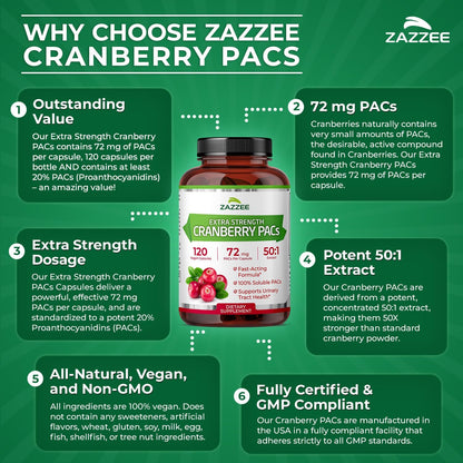 Zazzee Cranberry PACs 72 mg per Capsule, 50:1 Extract, 120 Vegan Capsules, 2X Strength, 4 Month Supply, Fast-Acting, Effective Urinary Tract & Bladder Support, 100% Soluble PACs, Made in the USA Gsupps Australia