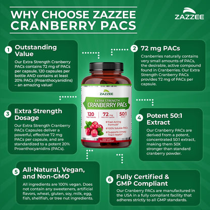 Zazzee Cranberry PACs 72 mg per Capsule, 50:1 Extract, 120 Vegan Capsules, 2X Strength, 4 Month Supply, Fast-Acting, Effective Urinary Tract & Bladder Support Zazzee
