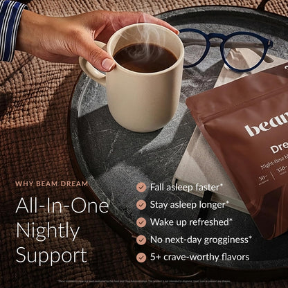 Beam Dream Sleep Powder – Sleep Aid for Adults with Melatonin, Magnesium, L-Theanine, Reishi Mushroom & Apigenin Sleep Supplement, Sleepy Cocoa Bedtime Beam