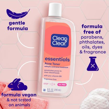 Clean & Clear Essentials Oil-Free Acne Toner, 2% Salicylic Acid Acne Treatment with Pro-Vitamin B5, Deep Pore Facial Toner Clean & Clear