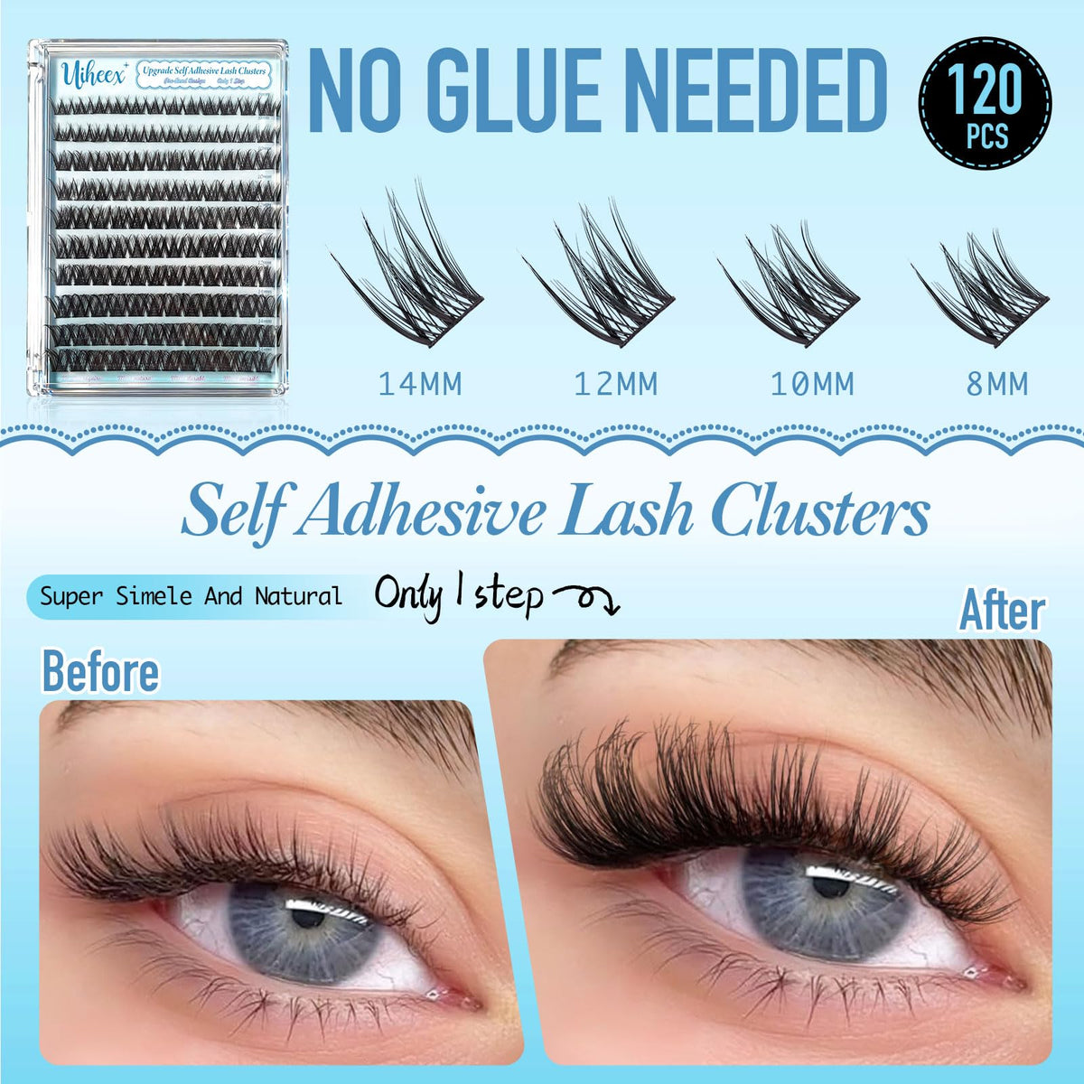 Uiheex Self Adhesive Lash Clusters Natural Self Adhesive Eyelashes,Pre glued Eyelash Clusters No Glue Needed Lashes Wispy,C- curly,DIY cluster eyelash extensions,8-14mm 120pcs Uiheex