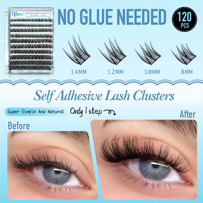 Uiheex Self Adhesive Lash Clusters Natural Self Adhesive Eyelashes,Pre glued Eyelash Clusters No Glue Needed Lashes Wispy,C- curly,DIY cluster eyelash extensions,8-14mm 120pcs Uiheex