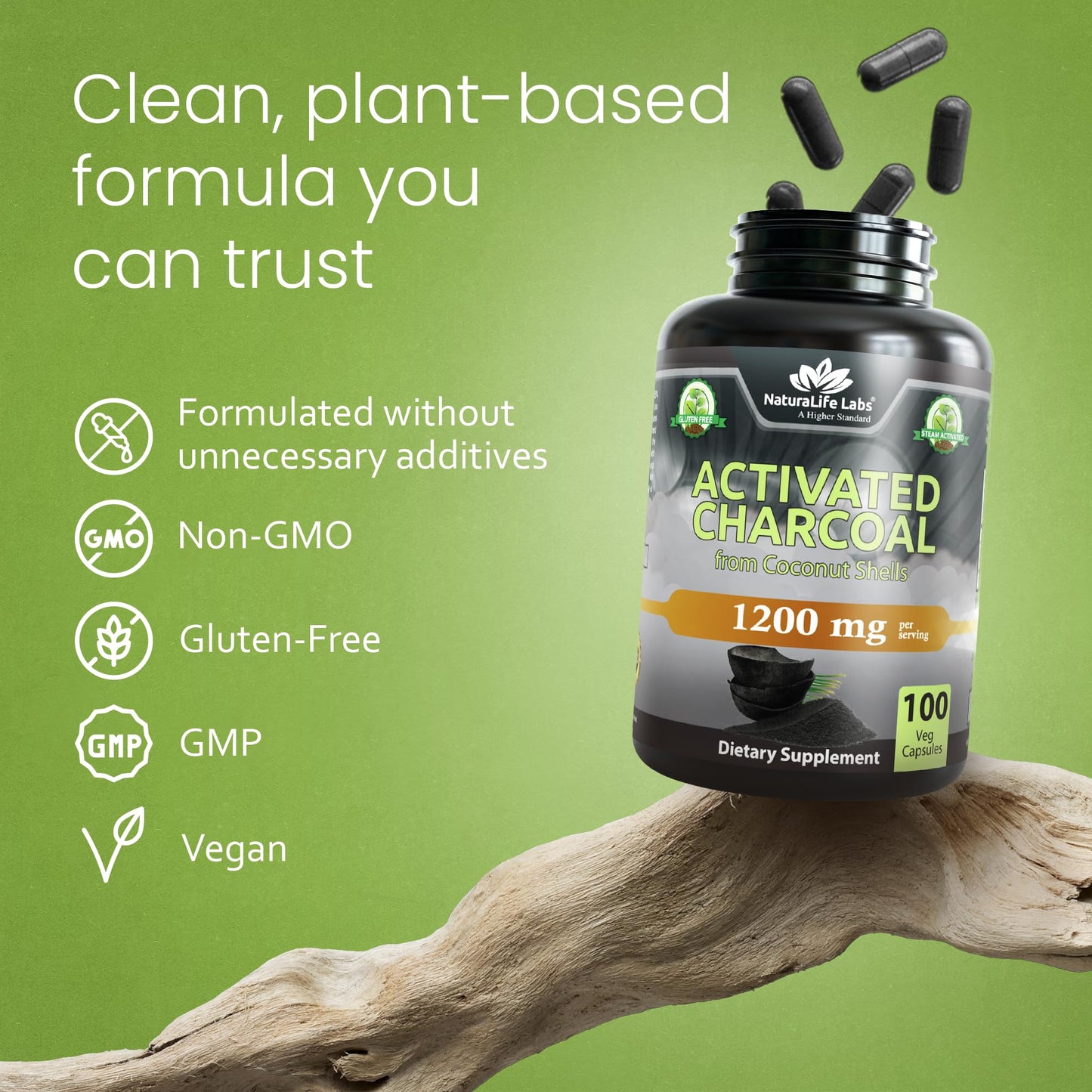 NaturaLife Labs Activated Charcoal 1200 mg per Serving – from Coconut Shells – 100 Veg Capsules – Non-GMO, Gluten-Free, Vegan NaturaLife Labs