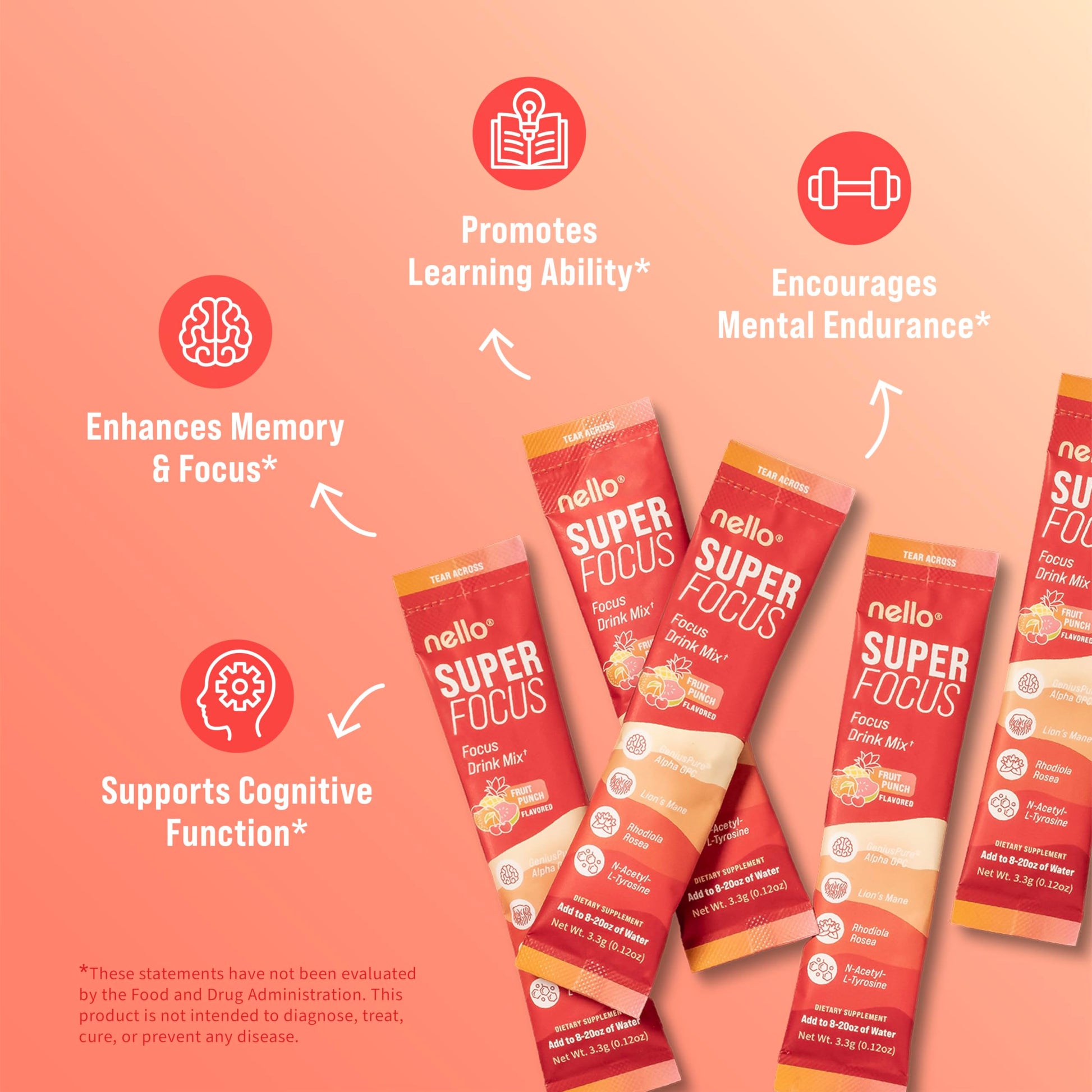 Nello Superfocus Focus Drink Mix – Fruit Punch Flavor – Alpha GPC, Lion’s Mane, Rhodiola & N-Acetyl L-Tyrosine – Sugar-Free, On-the-Go Packets – 20 Servings Nello buy australia supplements