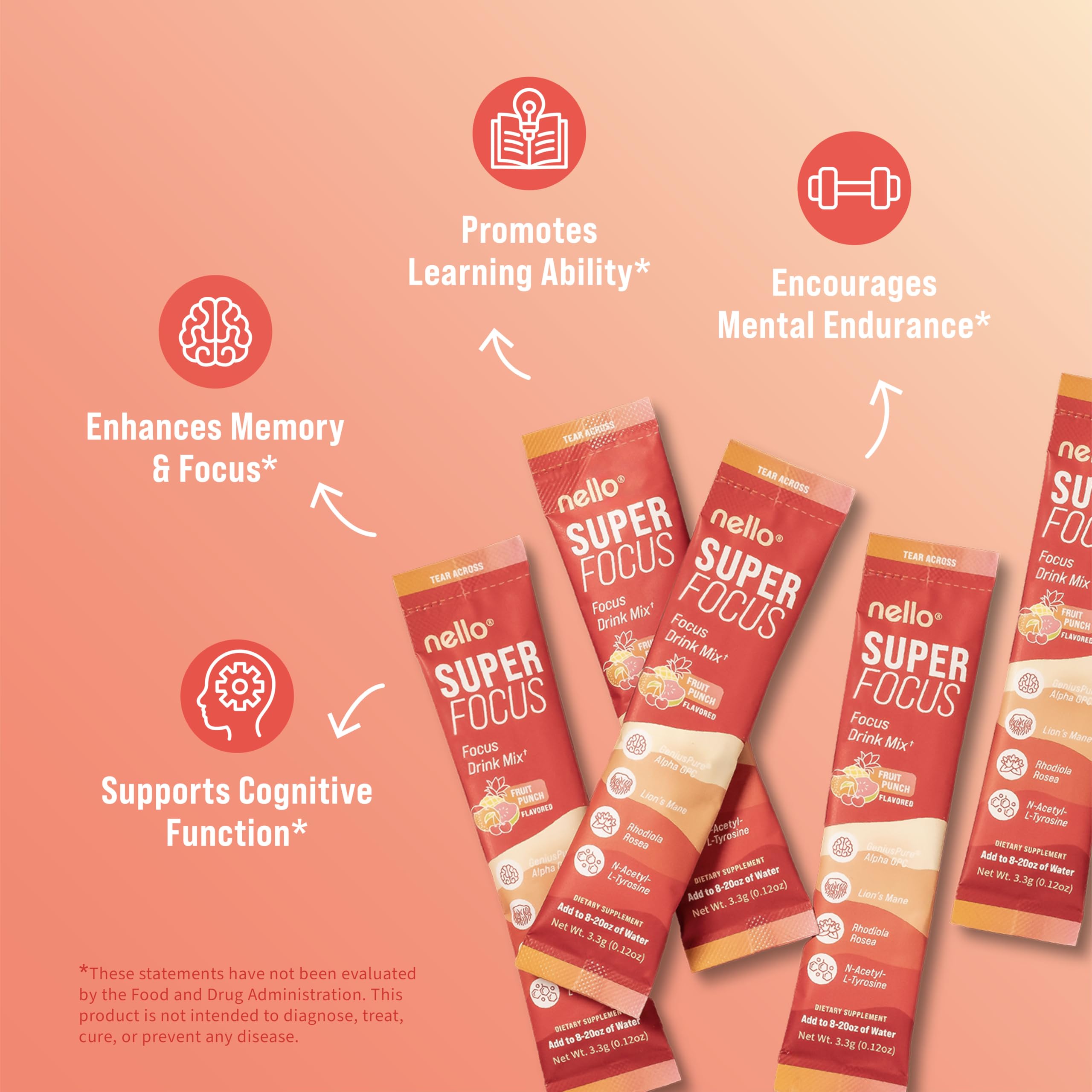 Nello Superfocus Focus Drink Mix – Fruit Punch Flavor – Alpha GPC, Lion’s Mane, Rhodiola & N-Acetyl L-Tyrosine – Sugar-Free, On-the-Go Packets – 20 Servings Nello buy australia supplements