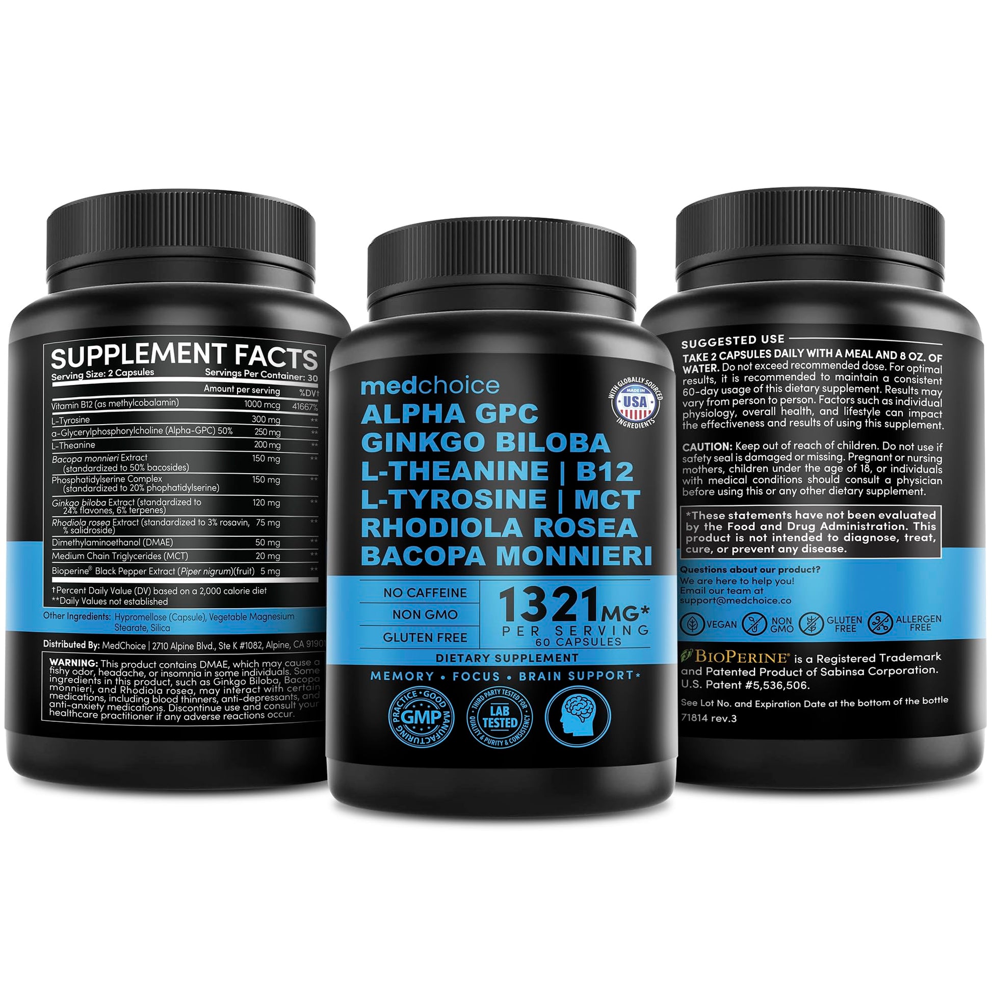 12-in-1 Nootropic Brain Supplement Anhydrous: Ginkgo Biloba for Brain Support, Memory and Focus - B12, Alpha GPC, L Theanine and Choline Supplements with Bioperine non Caffeinated 1321mg (120ct) MEDCHOICE buy australia supplements