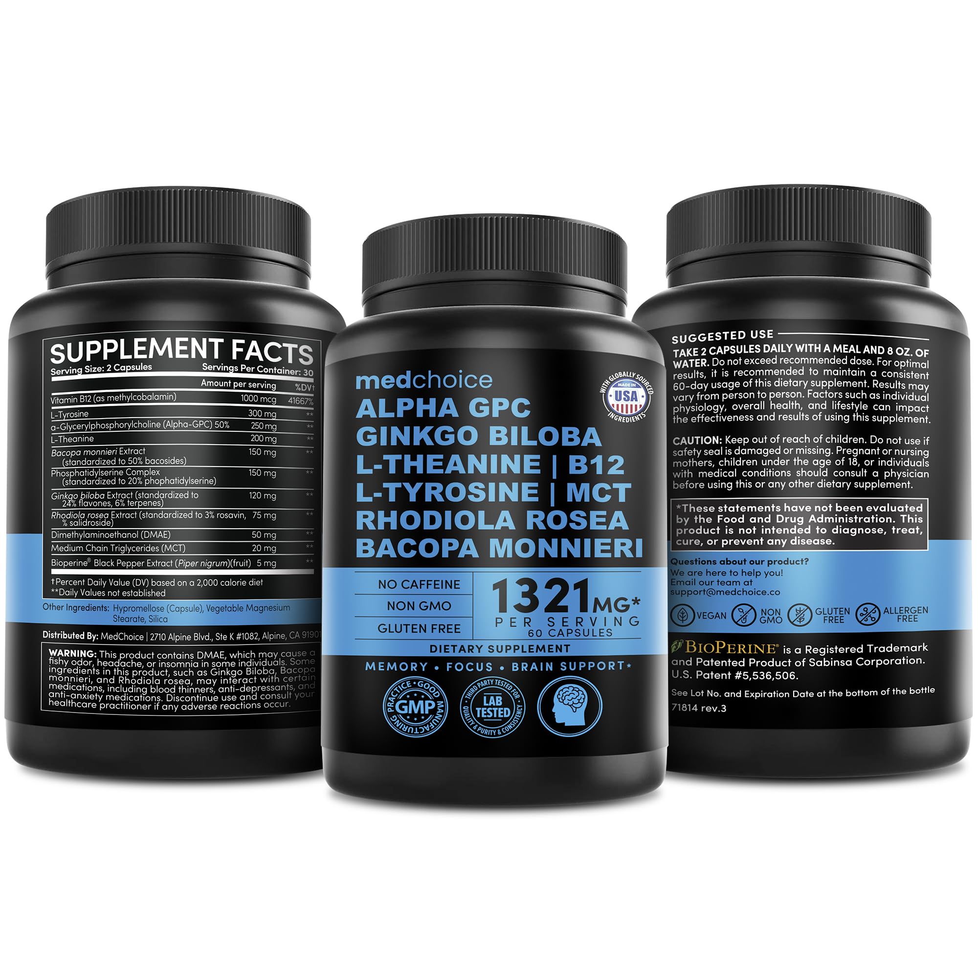 12-in-1 Nootropic Brain Supplement Anhydrous: Ginkgo Biloba for Brain Support, Memory and Focus - B12, Alpha GPC, L Theanine and Choline Supplements with Bioperine non Caffeinated 1321mg (120ct) MEDCHOICE buy australia supplements
