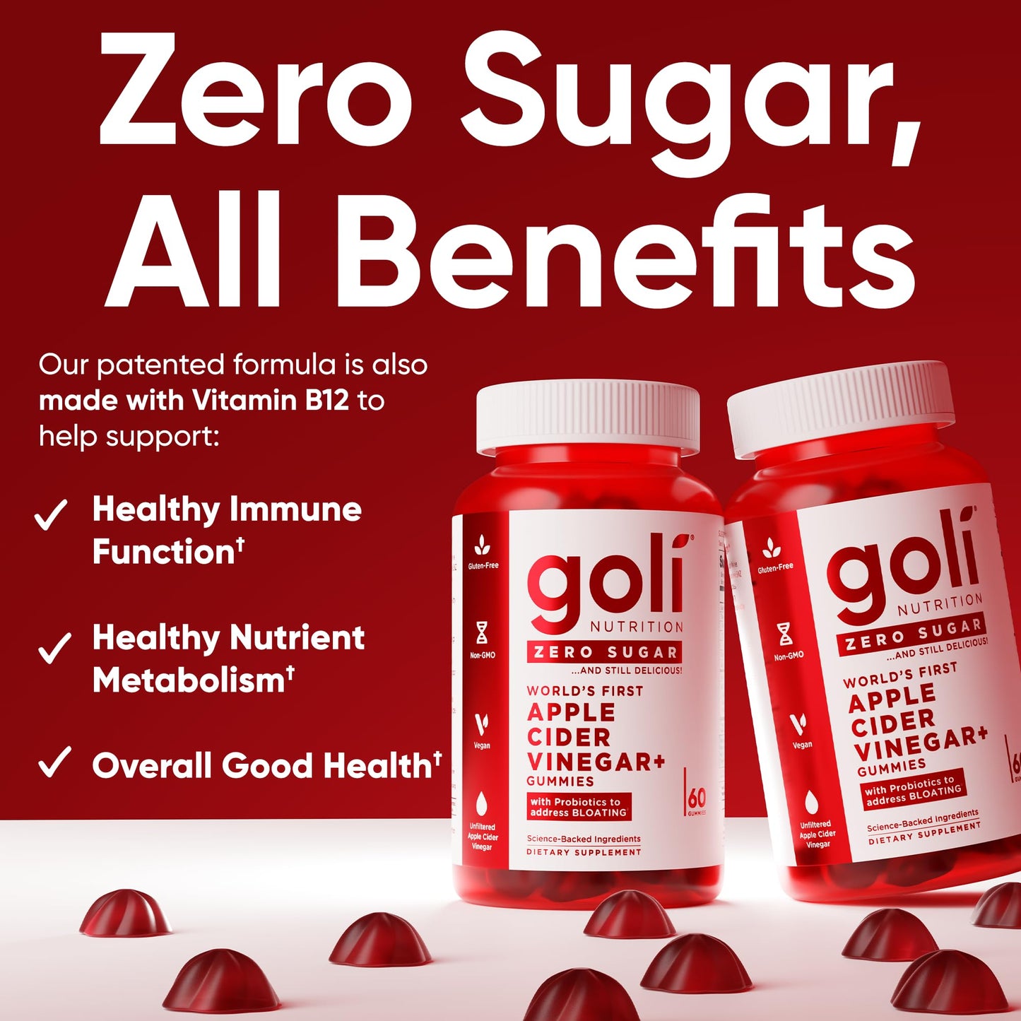 Goli Zero Sugar Apple Cider Vinegar Gummies - ACV with Vitamin B12 and Probiotics - No Sugar Alcohols - Vegan, Keto-Friendly, Gluten-Free Goli