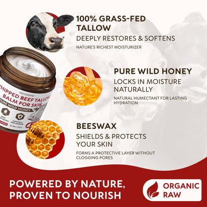 RICHGRAND Beef Tallow for Skin - Whipped Tallow and Honey Balm - Grass Fed Beef Tallow for Face, Daily Moisturizer & Body Butter - Natural Non Comedogenic Skincare (4.3 oz) RICHGRAND