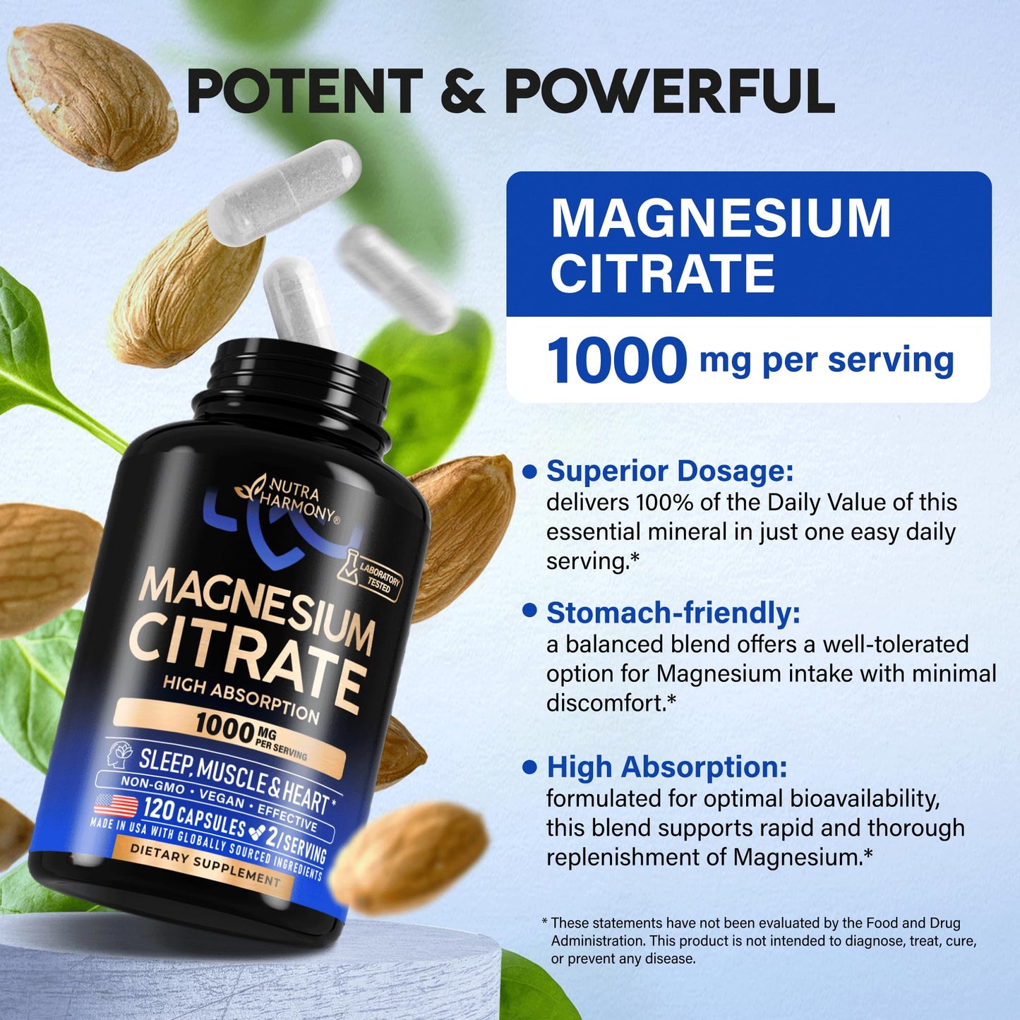 Magnesium Citrate Capsules 1000mg | High Absorption Supplement - Sleep, Muscle & Heart Support - Vegan | Non-GMO - Made in USA - As Powder NUTRAHARMONY