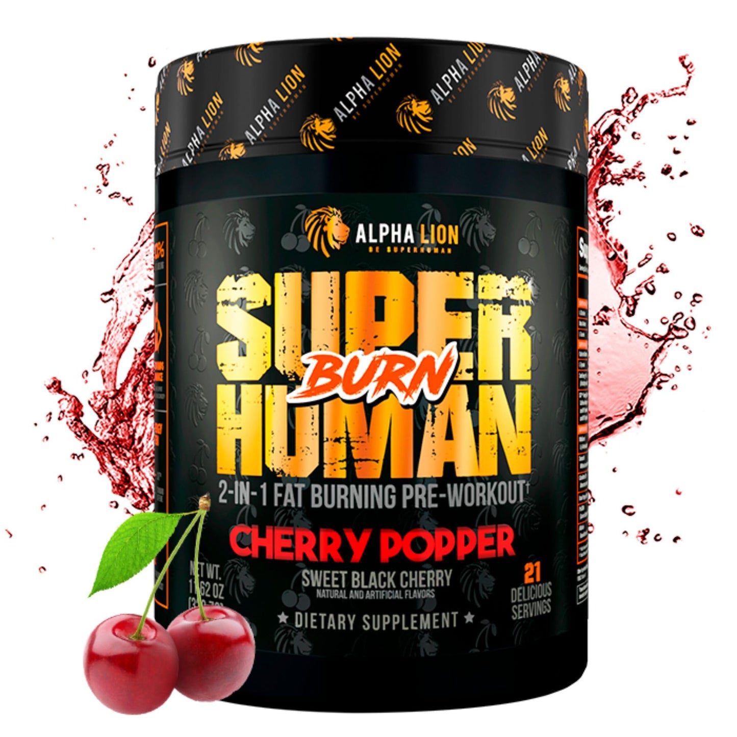 ALPHA LION Superhuman Burn – 2 in 1 Metabolism Booster Pre Workout and Thermogenic Fat Burner for Men – Appetite Suppressant and Weight Loss Supplement (21 Servings, Sweet Black Cherry Flavor)