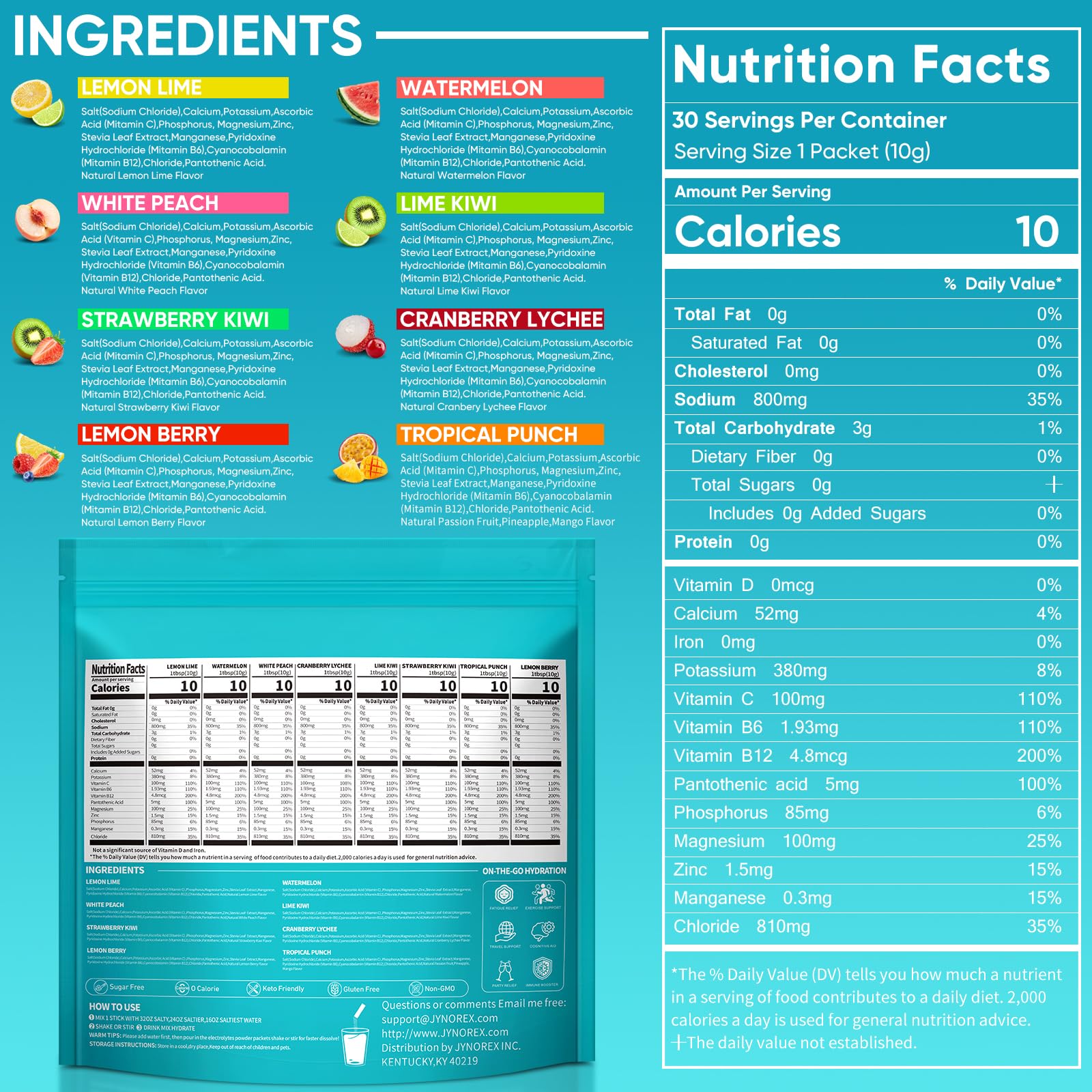 JYNOREX Electrolytes Powder Packets Sugar Free, 30 Sticks High Sodium Hydration Packets, Electrolyte Drink Mix with Lemon Lime Watermelon Peach Berry Kiwi JYNOREX buy australia supplements