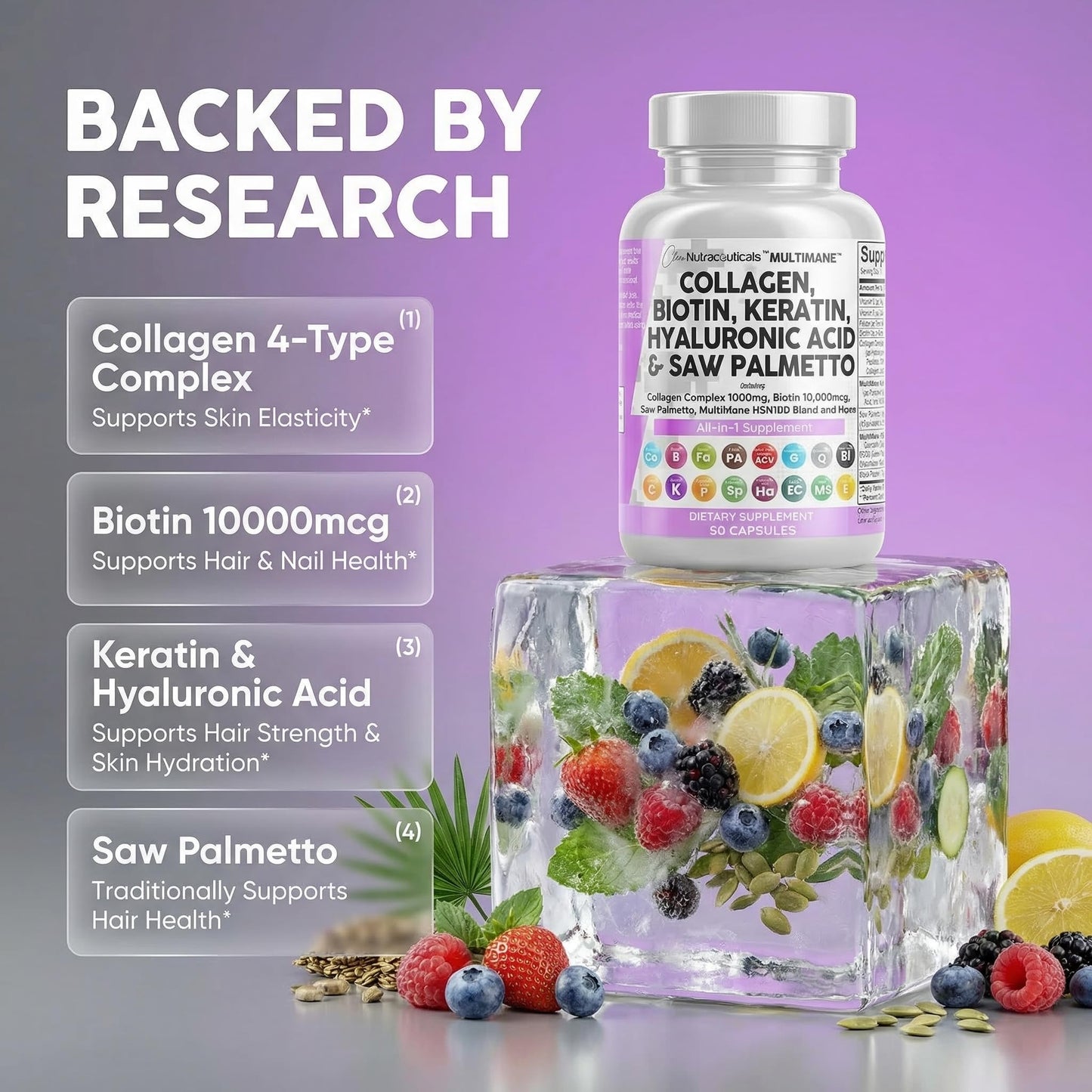 Clean Nutraceuticals Collagen Pills 1000mg Biotin 10000mcg Keratin Saw Palmetto Hyaluronic Acid - Hair Skin & Nails Vitamins & DHT Blocker with Vitamin E Folic Acid Clean Nutraceuticals