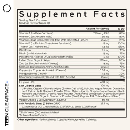 Codeage Teen Clearface Adolescent Face, Skin & Pimples, Vitamins A, C, D3, E, Pantothenic Acid, Niacin, Zinc Supplement Teenagers, Probiotics, L-Lysine, Omega-3, Oily Skin, Pores, Spots - 60 Capsules