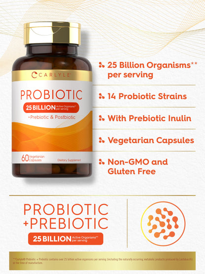 Carlyle Probiotic with Prebiotics & Postbiotics | 25 Billion CFU | 60 Capsules | Supplement for Women & Men | Powder Pills Carlyle