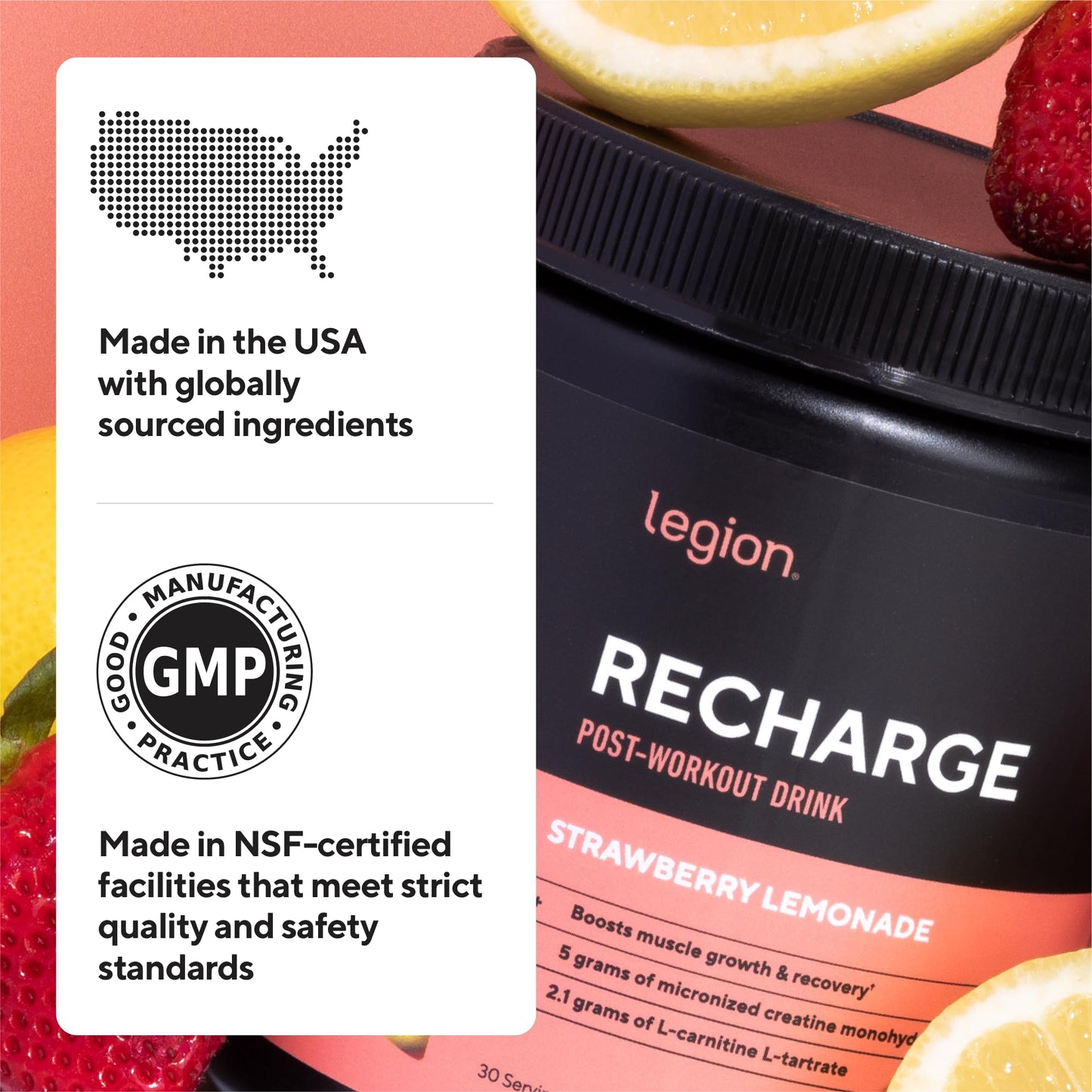 LEGION Recharge Post Workout Drink - Micronized Creatine Monohydrate Natural Post Workout Recovery Drink - Muscle Builder & Recovery Booster Post Workout Supplements (Strawberry Lemonade, 30 Servings)