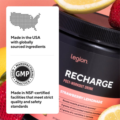 LEGION Recharge Post Workout Drink - Micronized Creatine Monohydrate Natural Post Workout Recovery Drink - Muscle Builder & Recovery Booster Post Workout Supplements (Strawberry Lemonade, 30 Servings)