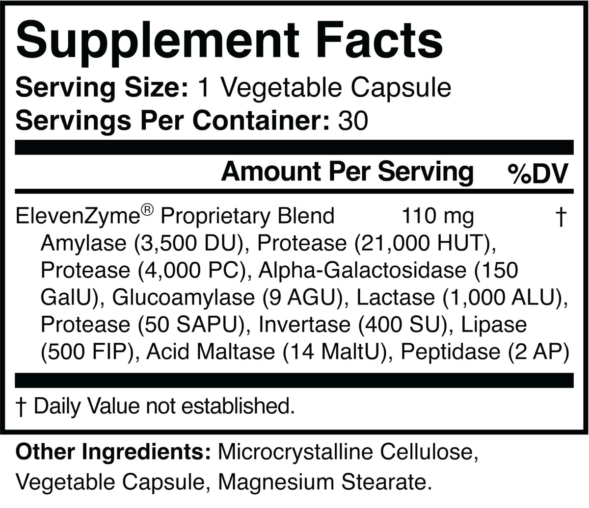 ElevenZyme - Natural Digestive Enzyme Supplement - Non-GMO, Vegan ElevenZyme