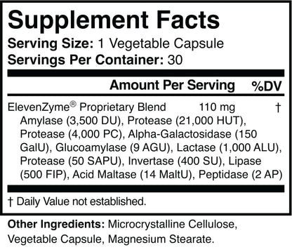 ElevenZyme - Natural Digestive Enzyme Supplement - Non-GMO, Vegan ElevenZyme