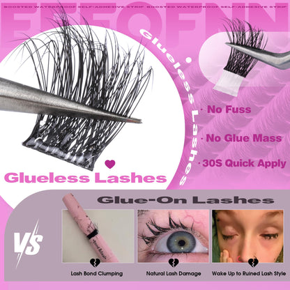 Self Adhesive Eyelashes Fluffy Self Adhesive Lash Clusters No Glue Eyelash Clusters Wispy Glueless Cluster Eyelash Extensions 10-16mm Individual Lashes DIY Lash Extension Kit with Anti-Stick Tweezers Eefofnn