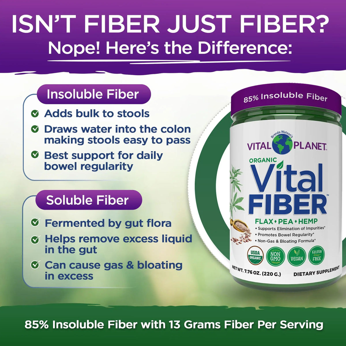 Vital Planet - Vital Fiber Powder, Soluble and Insoluble Fiber Supplement with Flax, Pea and Hemp, Organic Daily Dietary Supplement Supports Vital Planet