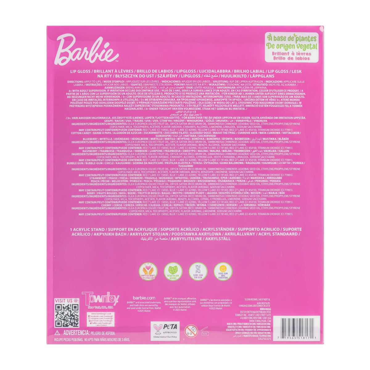 Barbie Lip Gloss Set with Display Stand, Plant-Based, Ages 3+ Townley Girl