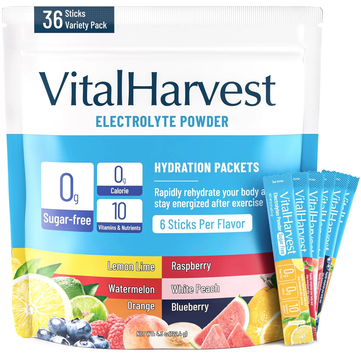 VitalHarvest 36 Sticks Electrolytes Powder Packets 6 Flavors Sugar Free Hydration Packets Electrolyte Liquid Daily IV Drink Mix with Lemon Lime, Watermelon, Orange VitalHarvest