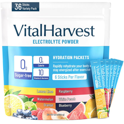 VitalHarvest 36 Sticks Electrolytes Powder Packets 6 Flavors Sugar Free Hydration Packets Electrolyte Liquid Daily IV Drink Mix with Lemon Lime, Watermelon, Orange VitalHarvest
