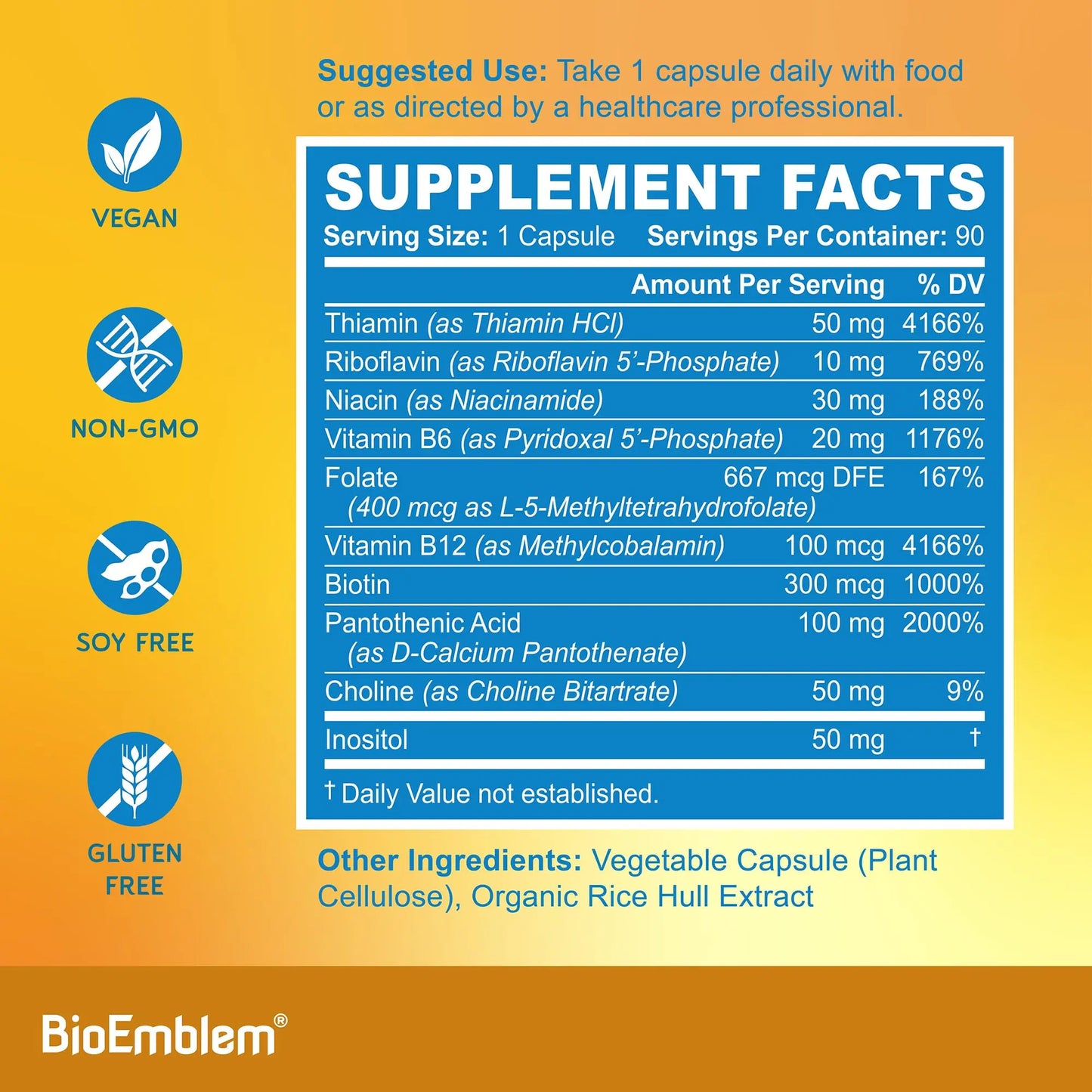 BioEmblem Vitamin B-Complex - All 8 Active Forms with Methyl Folate, Methyl B12, B6, Biotin Plus Choline Inositol, Supports Energy, Metabolism, Brain, Heart Health BioEmblem