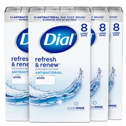 Dial Antibacterial Bar Soap, Refresh & Renew, White, 4 oz, 32 Bars Dial