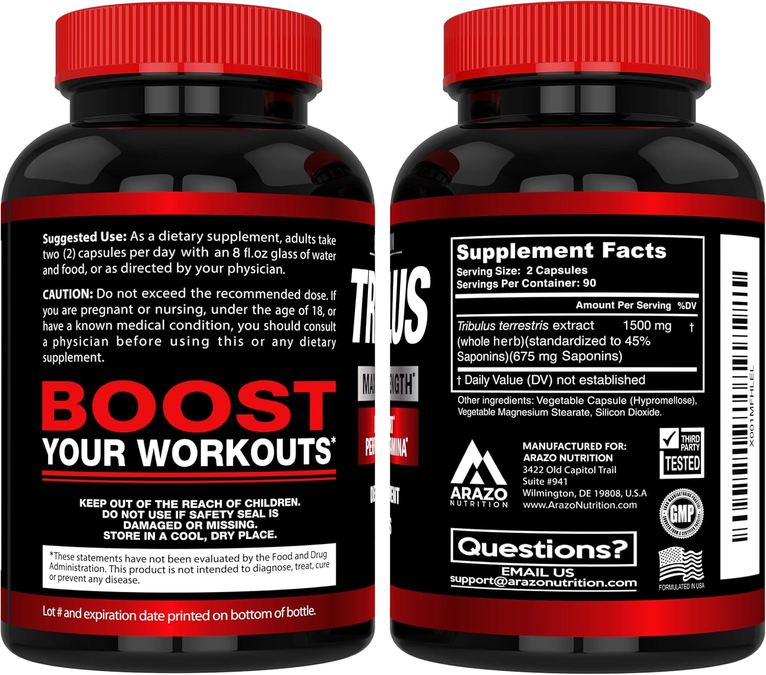 Arazo Nutrition Tribulus Terrestris 1500mg Extract Powder Per Serving – 180 Capsules - Energy Booster with Estrogen Blocker Gsupps Australia