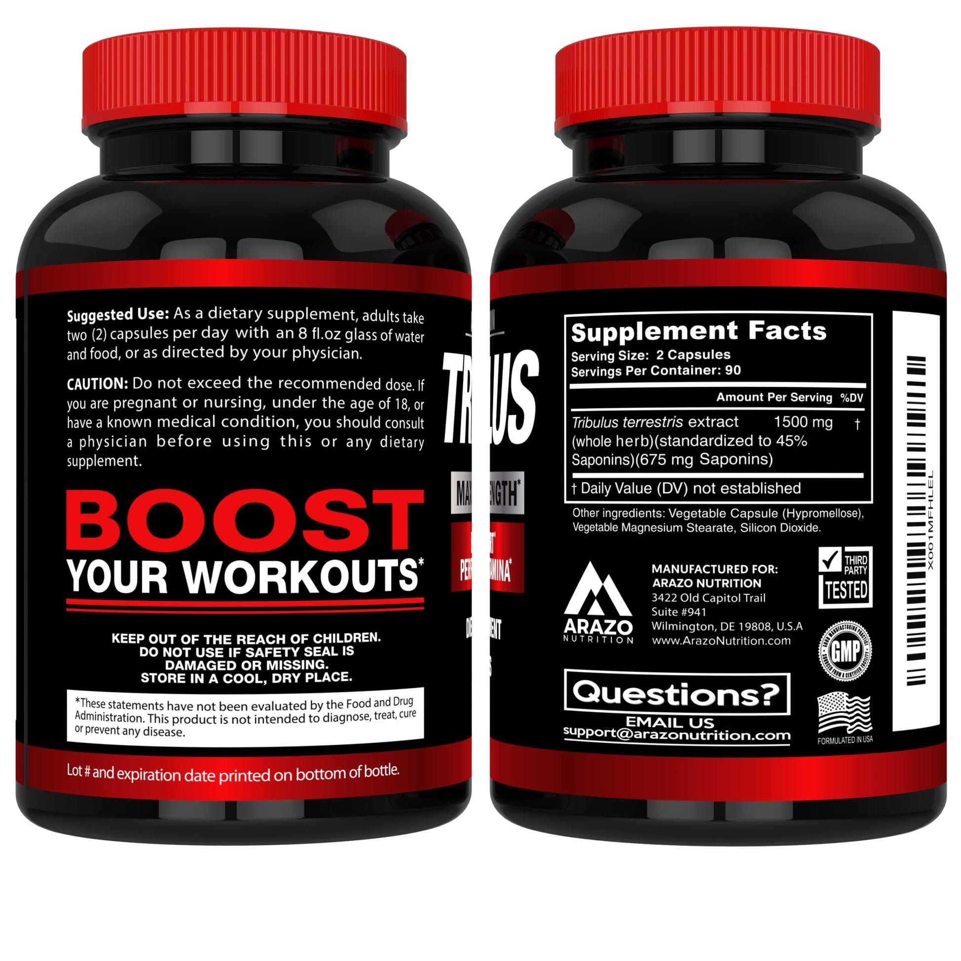 Arazo Nutrition Tribulus Terrestris 1500mg Extract Powder Per Serving – 180 Capsules - Energy Booster with Estrogen Blocker Gsupps Australia