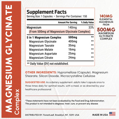 Magnesium Glycinate 500mg Complex - Magnesium Supplement Capsules for Sleep and Calmness - Non-GMO, 3rd Party Tested ForestLeaf
