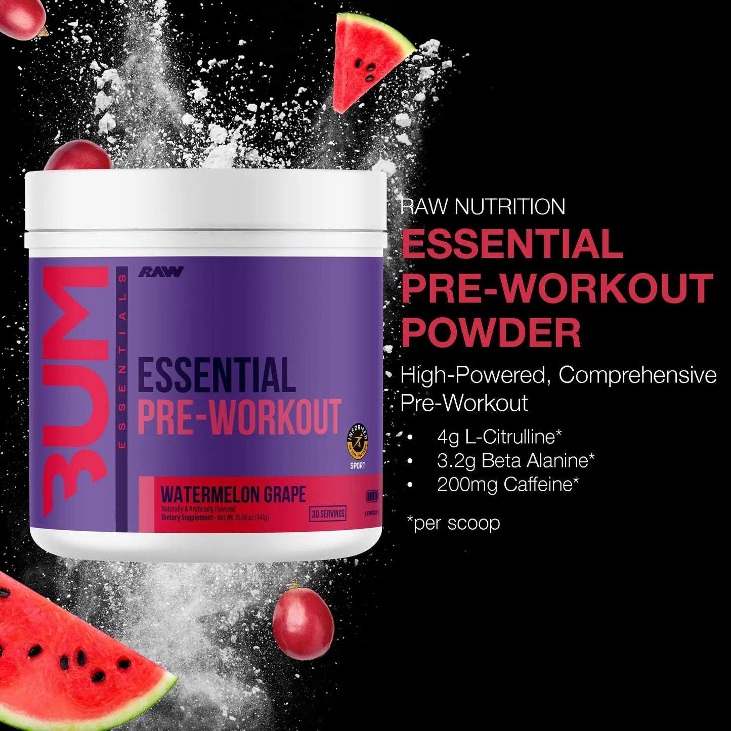 RAW Essential Pre-Workout Powder (Watermelon Grape) - Chris Bumstead Sports Nutrition Supplement for Men & Women - Preworkout Energy Powder with Caffeine, L-Citrulline, RAW