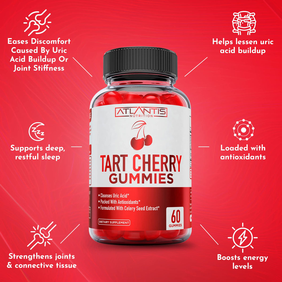 Atlantis Nutrition Tart Cherry Gummies with Celery Seed Extract - Advanced Uric Acid Cleanse for Immediate Relief | Joint Relief & Recovery Atlantis Nutrition