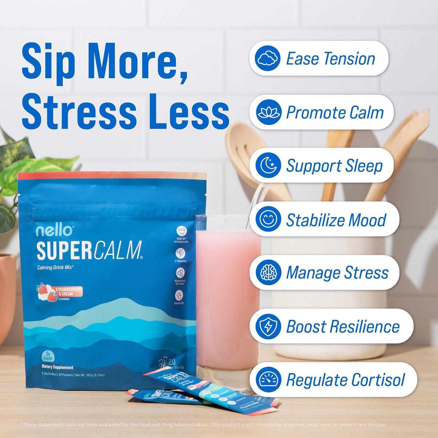 Nello Supercalm Powdered Drink Mix, Cortisol Reducer*, Sleep Aid Supplement, L Theanine, Ksm-66 Ashwagandha, Magnesium Glycinate, Vitamin D 3, No Sugar Nello