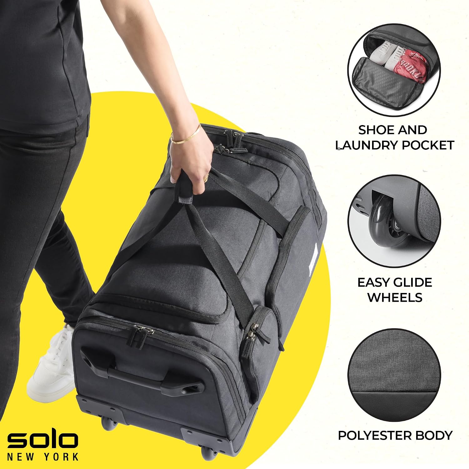 Solo New York Rolling Duffle Bag with Wheels - Wheeled Carry On Luggage for Travel, Roller Duffel for Men & Women, Telescoping Handle System, Separate Shoe & Laundry Compartment - Leroy, Gray Gsupps Australia