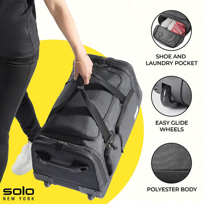 Solo New York Rolling Duffle Bag with Wheels - Wheeled Carry On Luggage for Travel, Roller Duffel for Men & Women, Telescoping Handle System, Separate Shoe & Laundry Compartment - Leroy, Gray Gsupps Australia