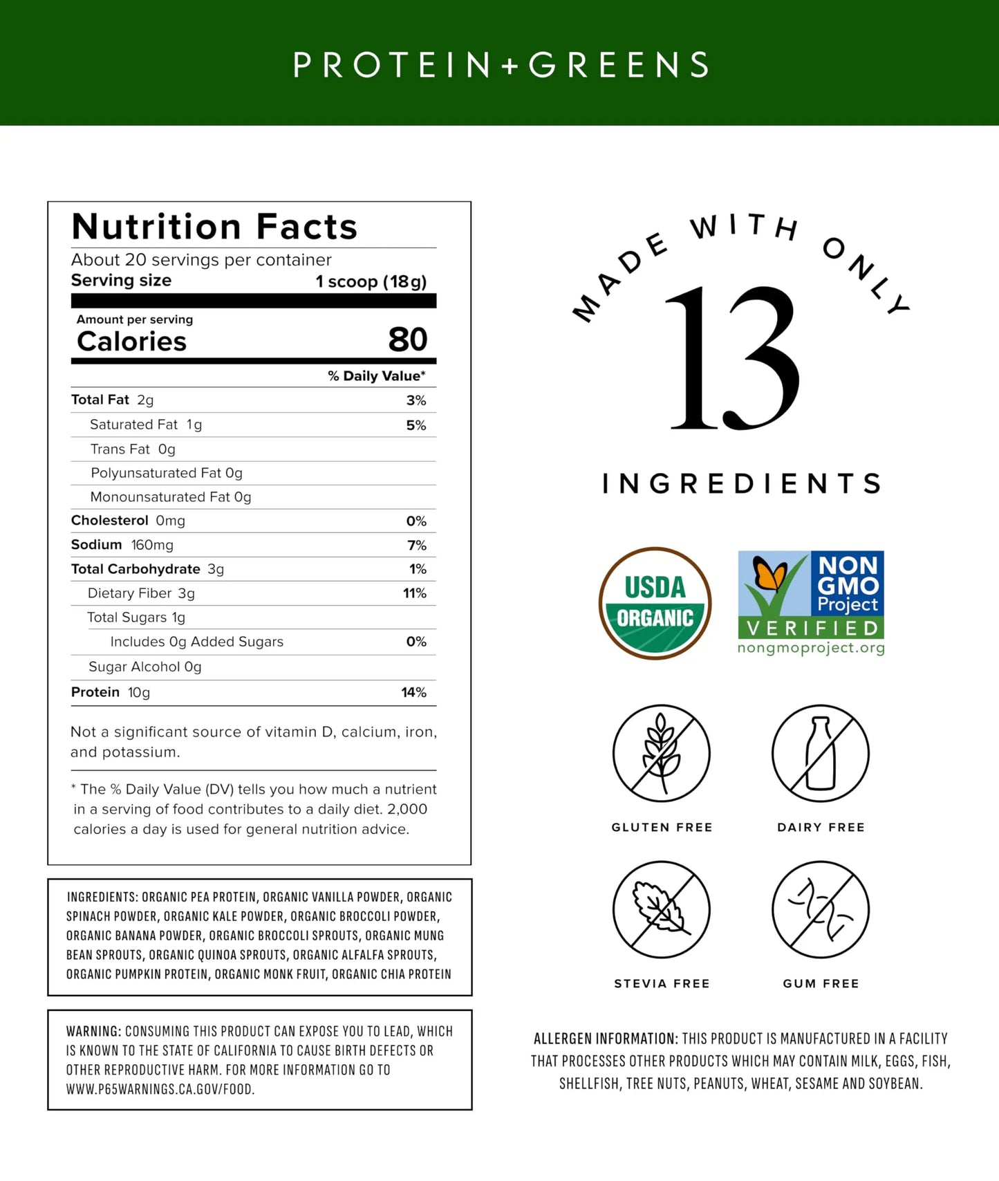 Truvani Protein + Greens Supplement | Spinach, Kale & Broccoli | 10g Organic Plant Based Protein | 20 Servings | USDA Organic | Gluten & Dairy Free Truvani