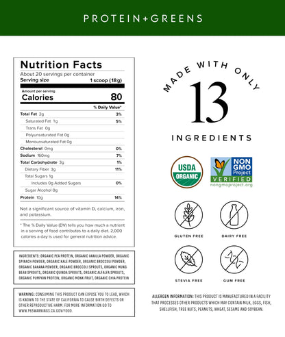 Truvani Protein + Greens Supplement | Spinach, Kale & Broccoli | 10g Organic Plant Based Protein | 20 Servings | USDA Organic | Gluten & Dairy Free Truvani