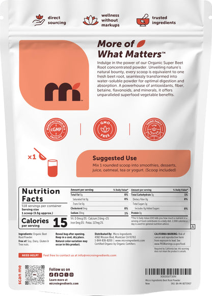 Micro Ingredients Organic Beet Root Powder, 4 Pounds | Cold Pressed, Water Soluble, High Concentrated Raw Beetroot Supplement | Natural Nitric Oxide Superfood Drink Mix Micro Ingredients