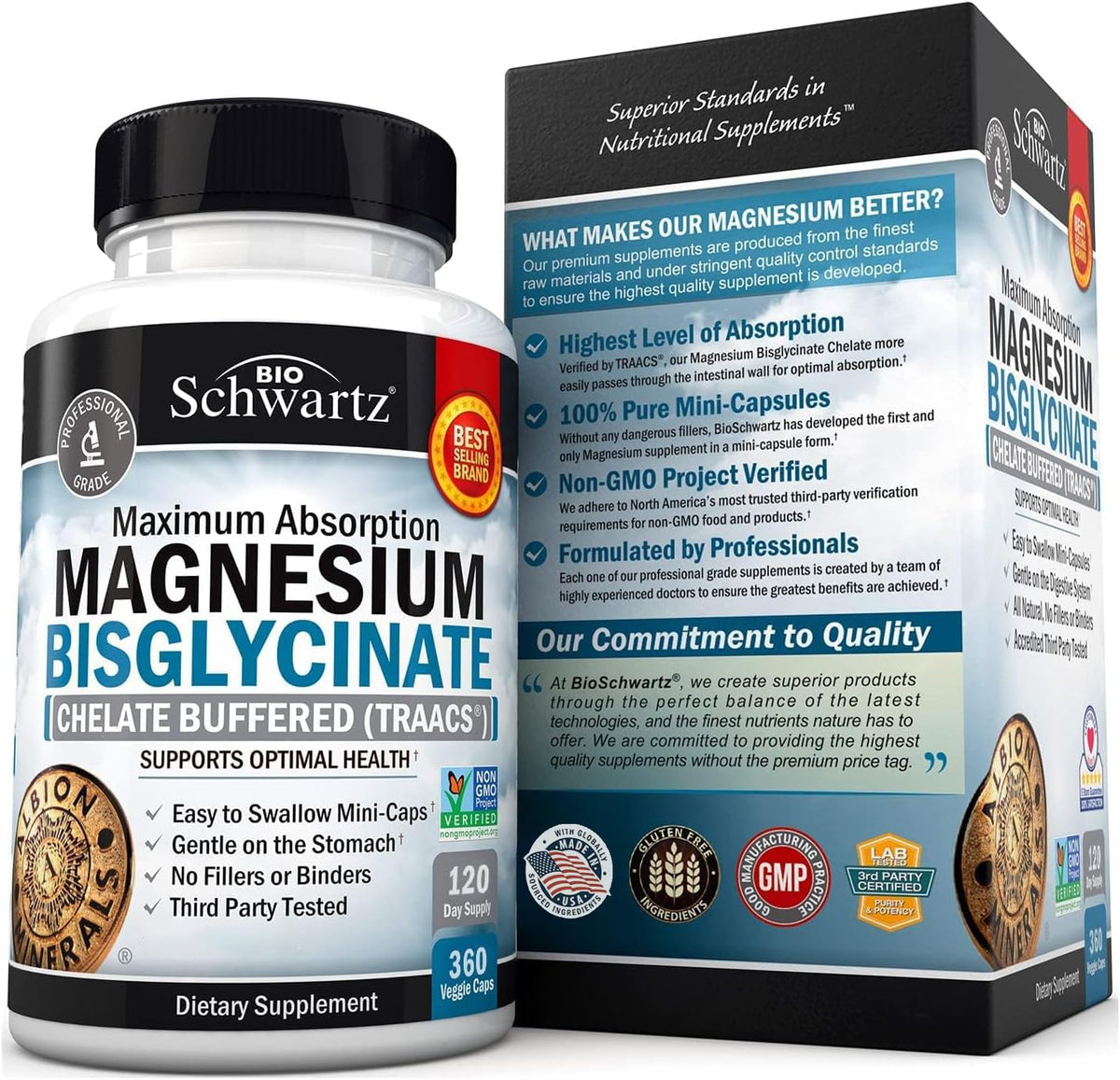 Magnesium Bisglycinate Chelated Supplement - High Absorption Magnesium Glycinate Supplement for Women and Men - Sleep, Muscle, Bone & Joint Support BioSchwartz
